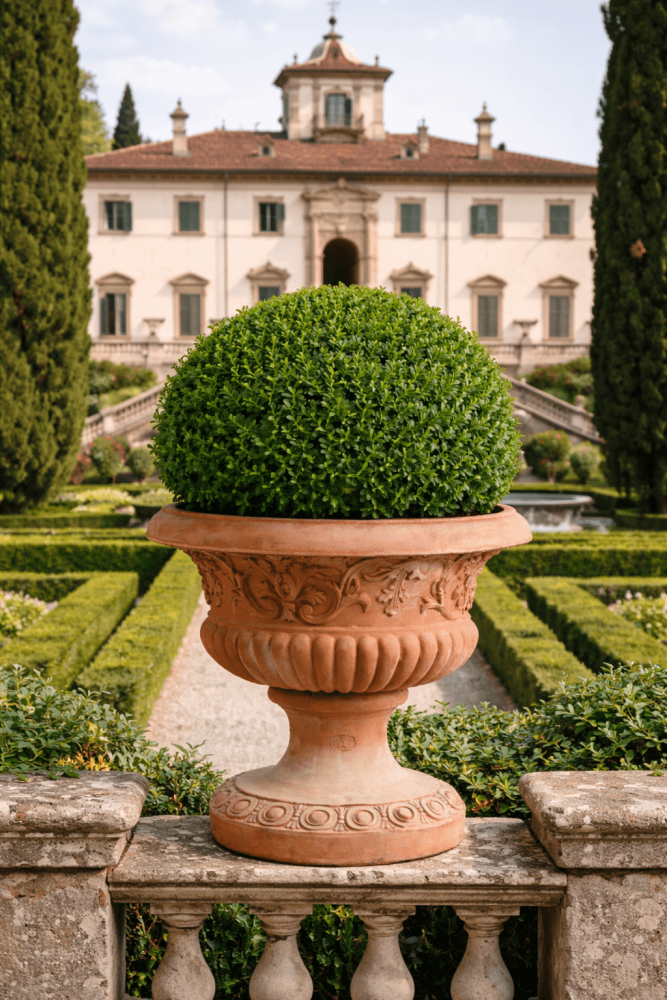 Grand vase Médicis en terre cuite d’Impruneta avec décor de feuilles – élégance toscane intemporelle